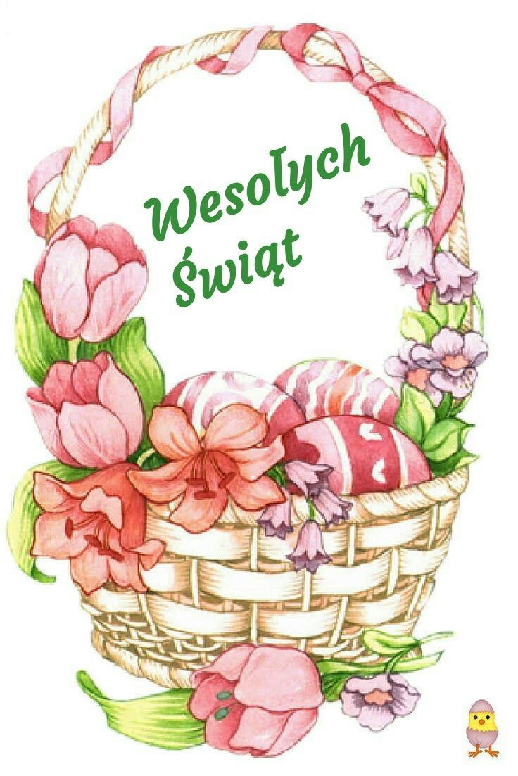 Koszyk z kwiatami i pisankami Wesołych Świąt